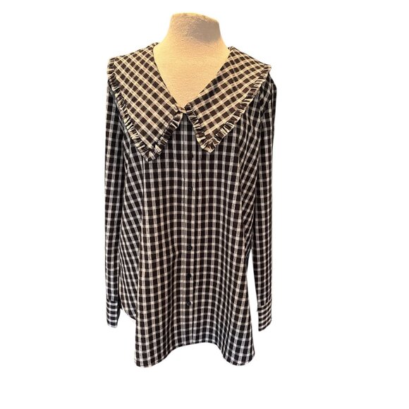 English Factory Black & White Checkered Blouse With Ruffled Collar Long Sleeve L - Picture 1 of 9